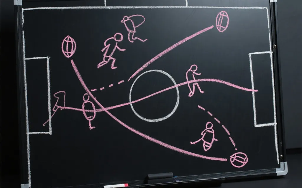 战术板与球员跑位线条，呈现高压迫与多点进攻体系