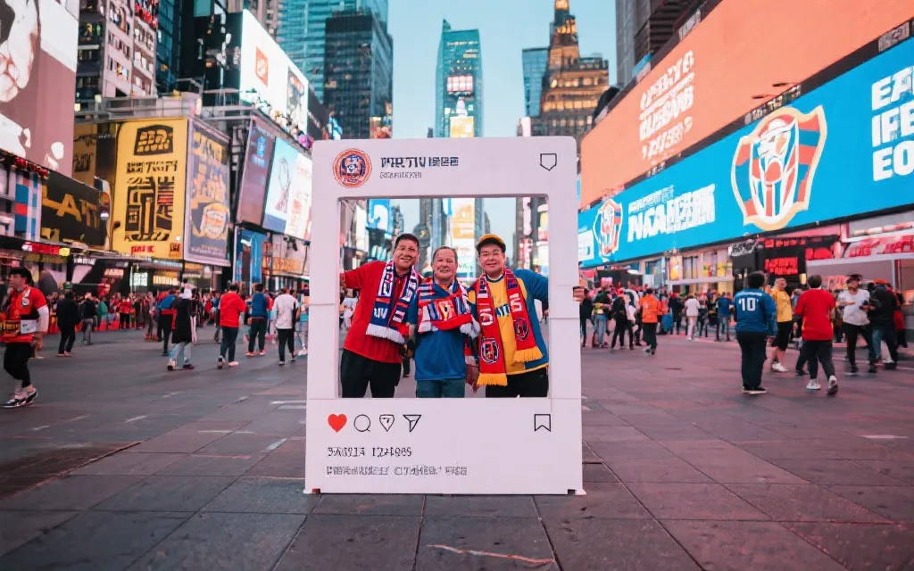 球迷身穿球衣与围巾在城市打卡点合影，形成强烈的节日氛围