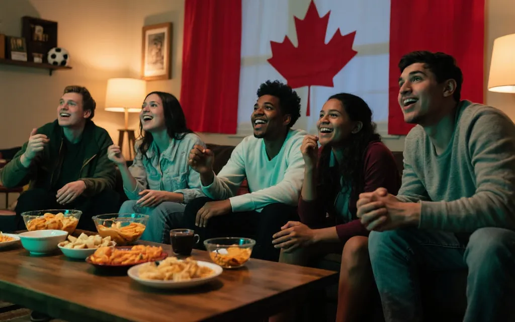 不同族裔朋友在加拿大客厅看球，桌上是小吃与饮料，电视播放比赛，氛围温暖热烈
