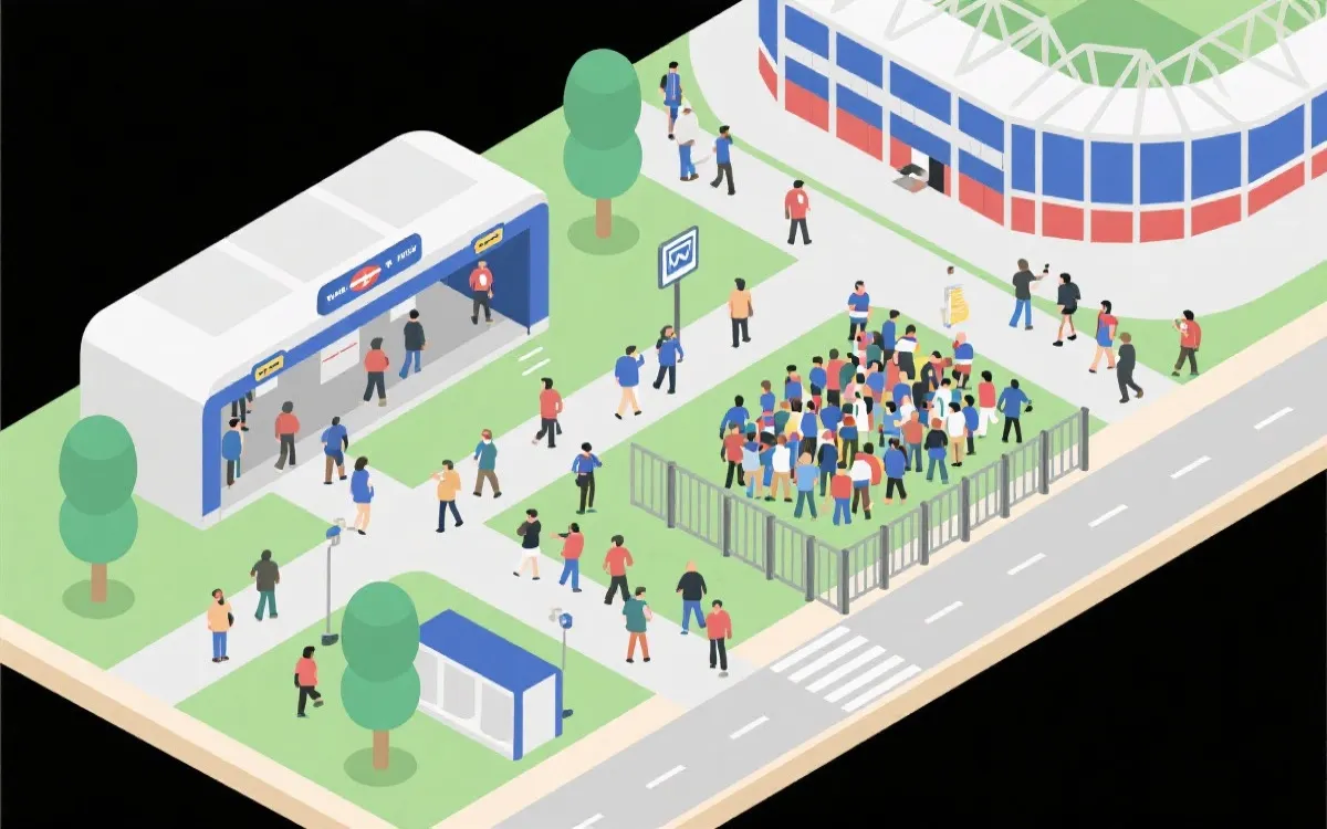 比赛日人潮动线示意：地铁站、步行通道、安检入口与球场外活动区