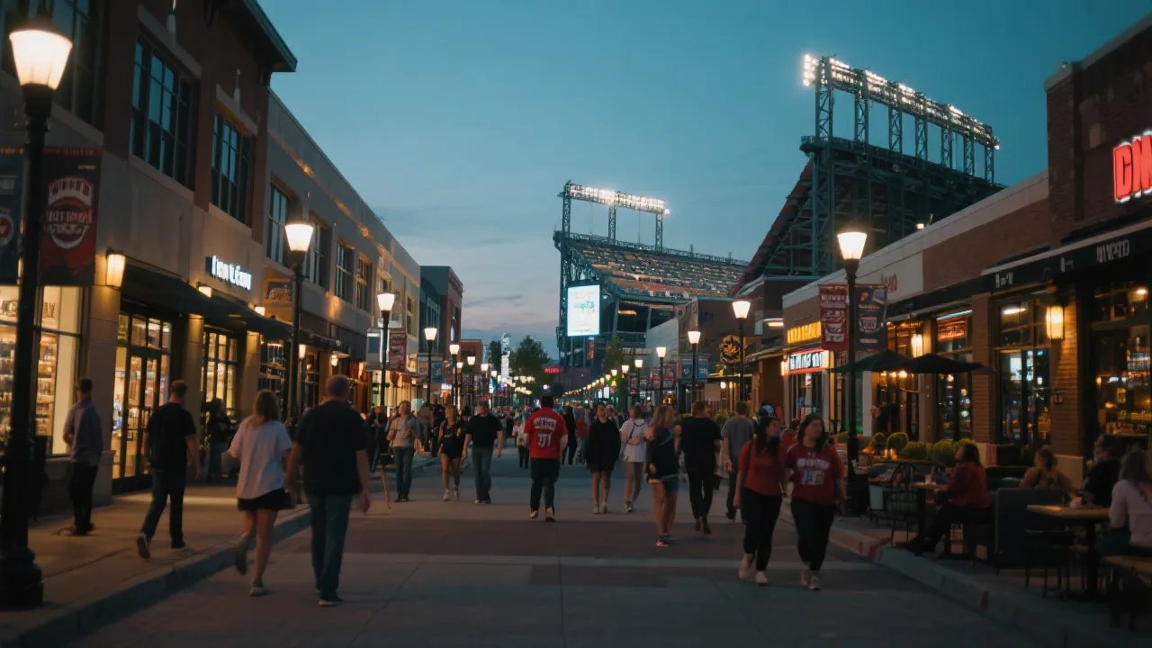 球迷步行街与餐饮零售热闹场景，体现商圈升级与人流动线