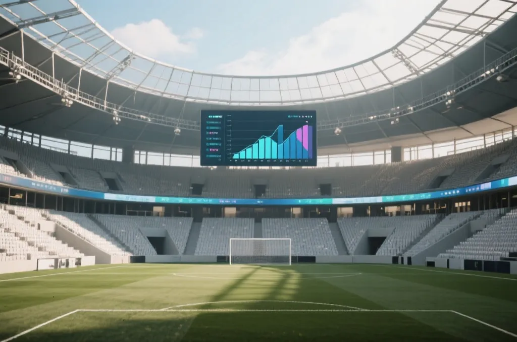 A modern soccer stadium interior with a digital screen displaying abstract statistical graphs and goal scorer rankings, neutral editorial style, daylight, wide angle
