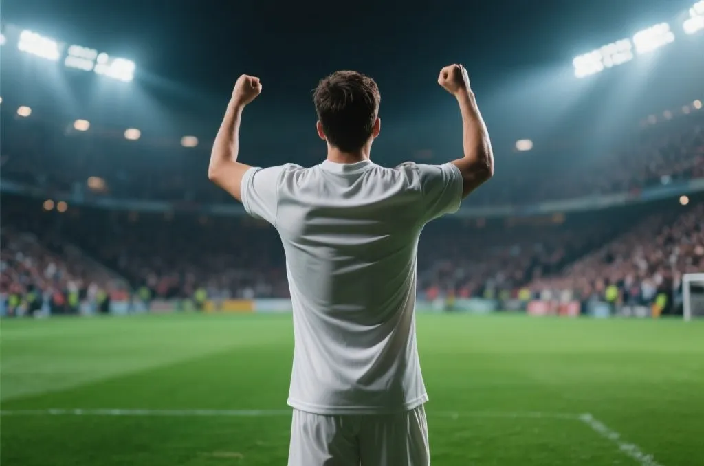 A generic professional soccer player celebrating on a green pitch from behind, unbranded jersey, blurred packed stadium background, dramatic lighting