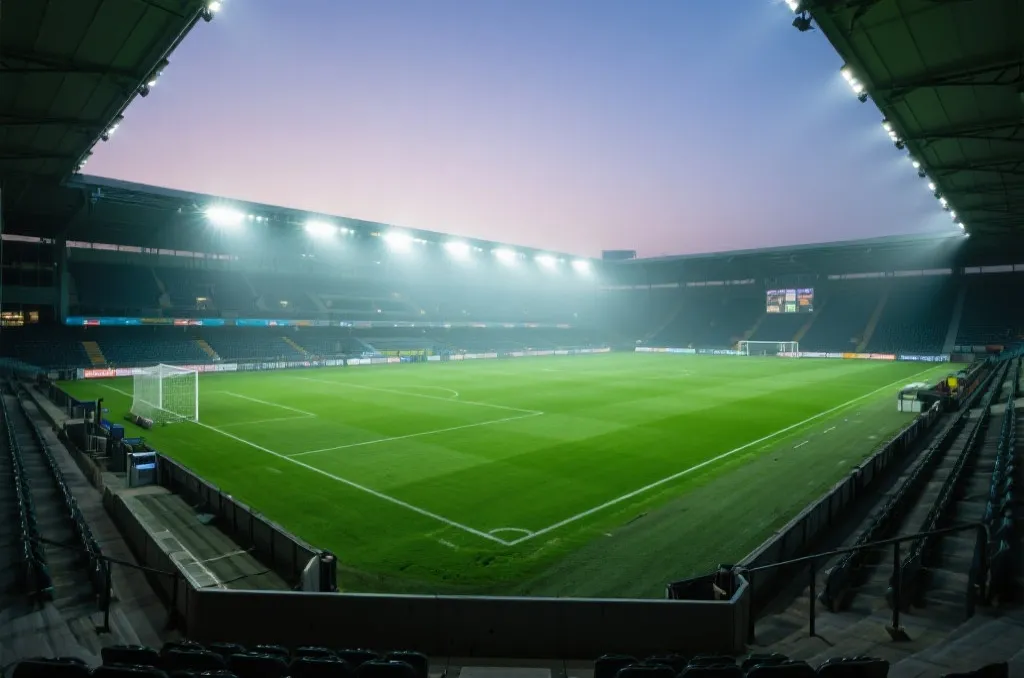 A modern soccer stadium pitch with green grass and intense stadium lighting